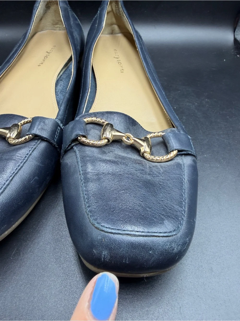Easy spirit Classic Navy Leather Women’s Loafers with Gold Bit Detail